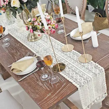 

White Lace Table Runner Wedding Party Decor Beige Crochet Lace Table Runner with Tassel Cotton Coffee Tablecloth Table Cover