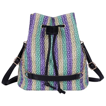 

New Drawstring Women'S Straw Bucket Bag Summer Woven Shoulder Bags Shopping Purse Beach Handbag Straw Handbags Travel Bag Green
