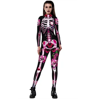 

Women Sexy Bone Rose Print Long Sleeve Slim Halloween Skelton Costumes Jumpsuit Outfit Halloween Skeleton Costume #YL10
