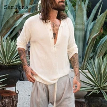 

Samlona Long Sleeve Casual Linen Shirt blusas Sexy Men clothing 2021 Single-breasted Top Streetwear Apricot Pullover Mens Blouse