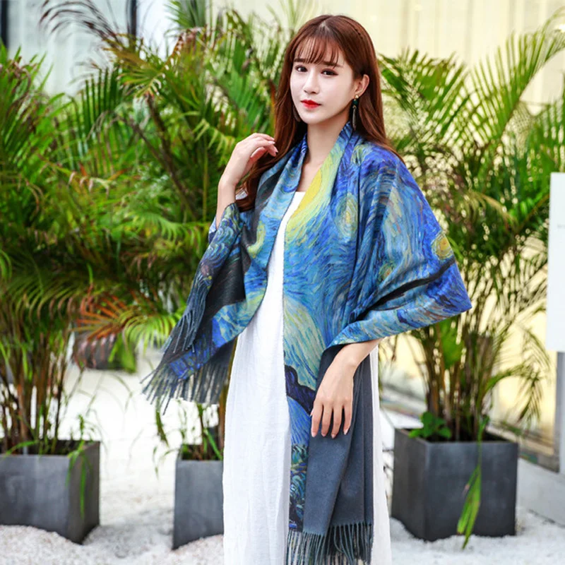 Big Promo 04yCc Two Sides New Cashmere scarf Fashion women Starry sky Oil Painting Digital Printing shawl and wraps bandana female foulard tasse Big Promo 04yCc Two Sides New Cashmere scarf Fashion women Starry sky Oil Painting Digital Printing shawl and wraps bandana female foulard tasse