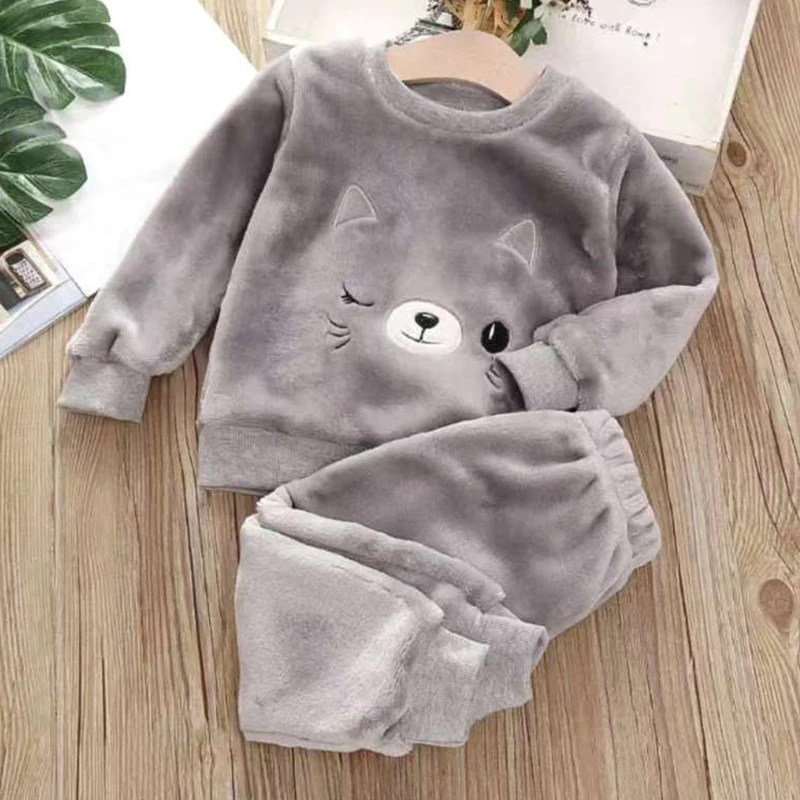 Autumn Winter Kid Flannel Pajamas For Children Plus Velvet Thicken Pajamas Warm Leisure Homewear Boys Set Cute Girls Clothes Set