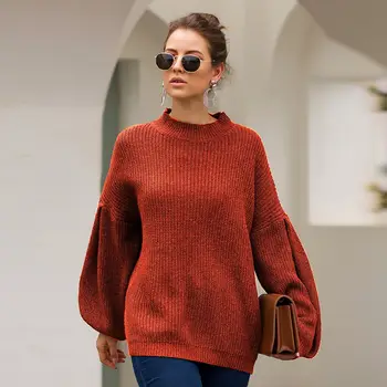 

Woman Fashion O-neck Knitted Solid Sweaters Casual Lantern Sleeves Loose Pullovers Tops Female Autumn New