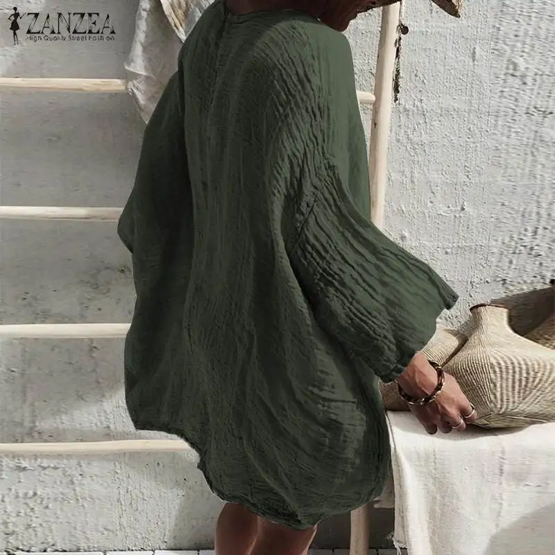 Элегантное женское платье ZANZEA Женские Короткие Vestidos Повседневные однотонные длинные платья с рукавом 3/4 мешковатые хлопковые короткие летние сарафаны