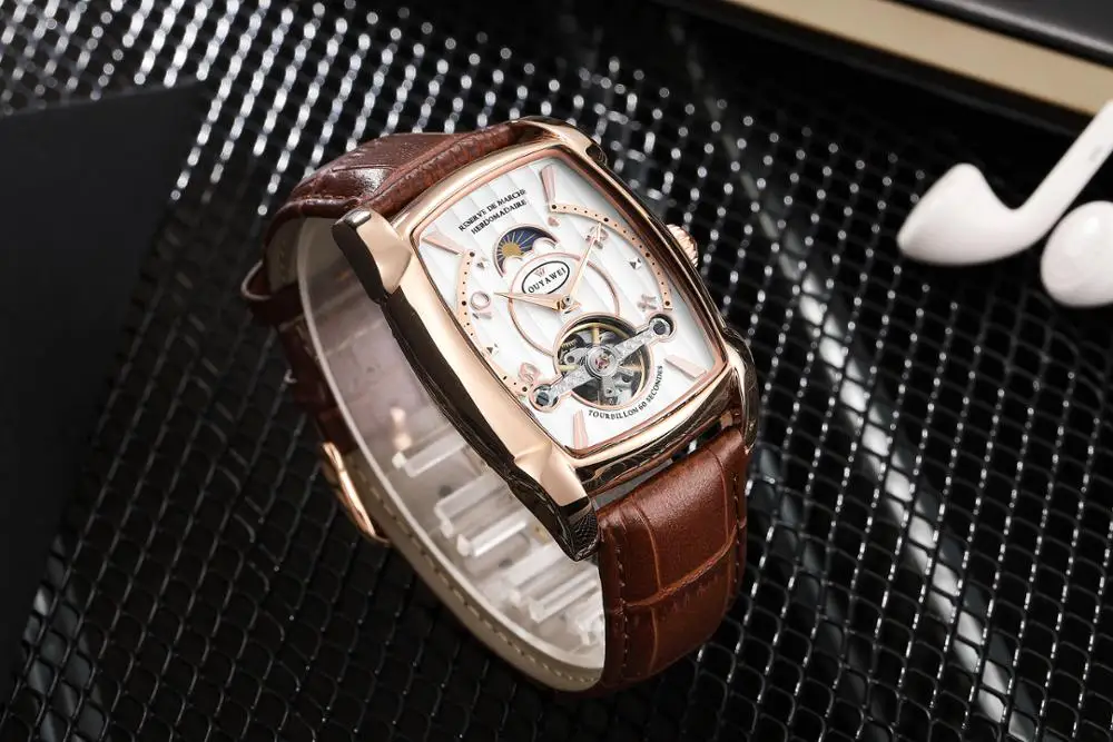 Роскошные OYW модные автоматические мужские механические часы Tourbillon деловые часы Tonneau Форма кожаные Наручные часы Relojes Hombre