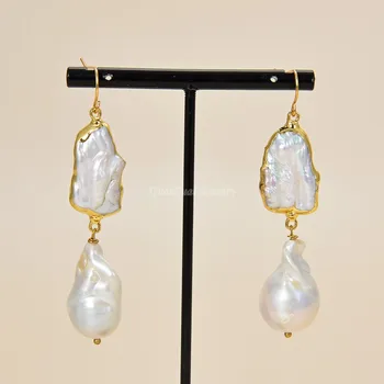 

GuaiGuai Jewelry Freshwater Cultured White Biwa Keshi Pearl Gold Plated Earrings free shipping