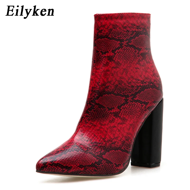 Eilyken/Большие размеры 35-42; женские ботинки; ботильоны на высоком каблуке для стриптиза; змеиный принт; обувь на массивном каблуке; Цвет Красный
