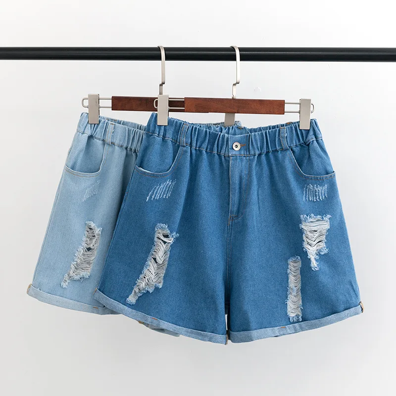 

F71 Large Size Dress 2019 Summer Wear New Style Fat Mm with Holes Retro Elastic Waist Denim Shorts 2031
