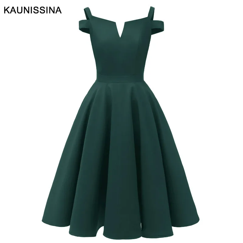 Green Коктейльные платья KAUNISSINA длиной до колена с бретельками, плиссированные трапециевидные элегантные вечерние платья - Цвет: Green