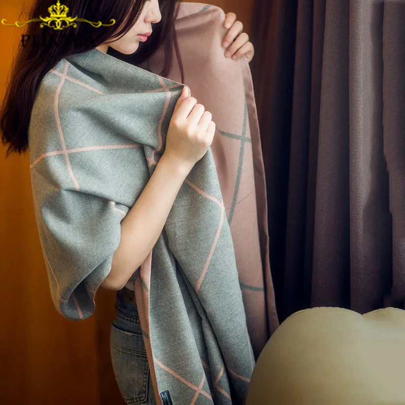 

Gray Pink Plaid Woman Winter Scarves Merino Wool Ladies Poncho Merino Wool Hijab Scarf Cashmere Female Stole Women Pashminas