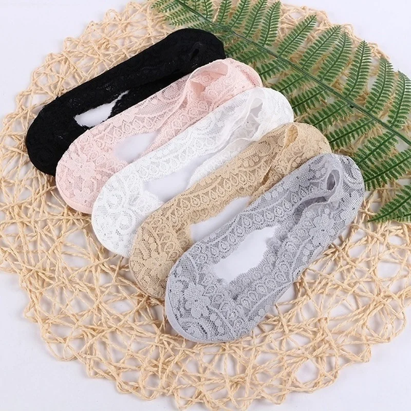 

5pair Summer Women Transparent Lace Boat Socks Girls Cotton Invisible Anti-slip Ankle Socks No Slip Woman No Show Socks