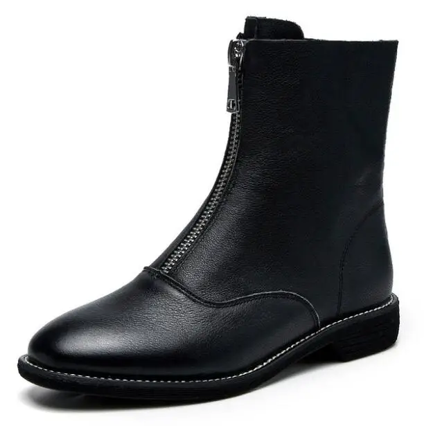 Новые осенние ботинки на толстом каблуке с круглым носком на плоской подошве; женские ботинки из натуральной кожи на низком каблуке; zapatos de mujer; y431 - Цвет: Черный