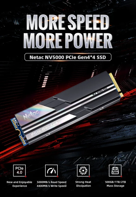 SSD interne M.2 NVMe Netac NV7000 (TLC, DRAM) - 2 To, 7200-6800 Mo/s,  Dissipateur inclus, Compatible PS5 –