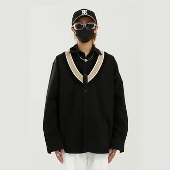 

Men Knit Splice Print Long Sleeve Casual Shirt Male Women Streetwear Fashion Hip Hop Loose Shirts