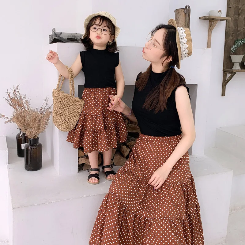 

Thomas Extension Childrenswear 2019 New Style Parent-child Matching Outfit Polka Dot Chiffon Skirt Sleeveless Pure T-shirt Mothe