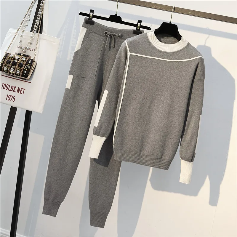 

Autumn 2 Pieces Set Knitted Pullovers Sweater Casual Stripe Knit Jumper Tops and Pants Suits Fashionable Long Sleeve Tracksuits