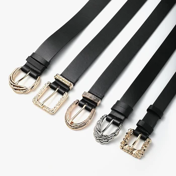 

1Pcs Geometric Buckle PU Leather Waist Belt Vintage Casual Women Belt Carved Alloy Pin Buckle Decorative Black Waistband