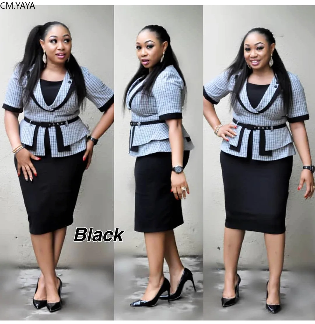 

New Autumn Women Plaid Print Plus Size Bodycon Midi Dress Office Lady Elegant Party Evening Short Sleeve 2pcs Dresses Vestidos