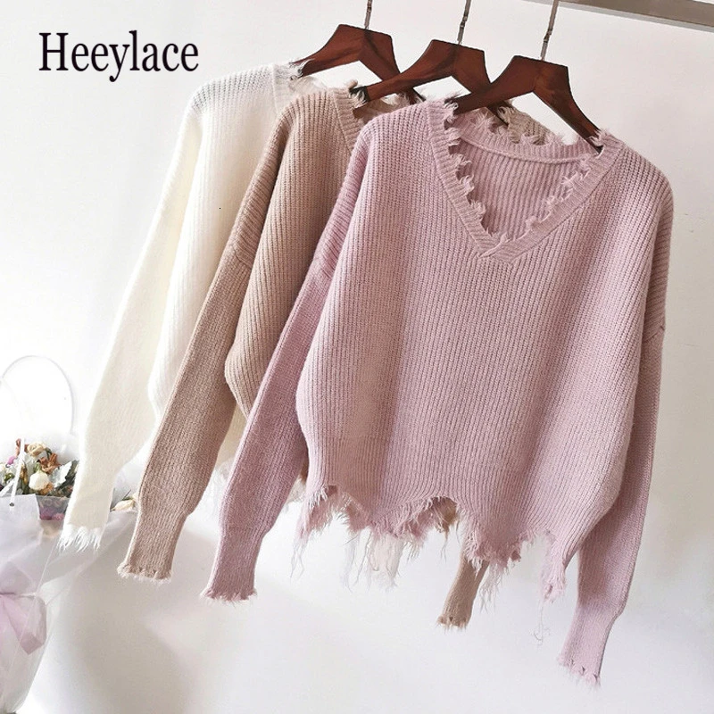 

Women Casual Irregular Hem Tassel Solid Color Knitted Sweater Autumn Winter V Neck Long Sleeve Loose Warm Slim Fashion Pullover