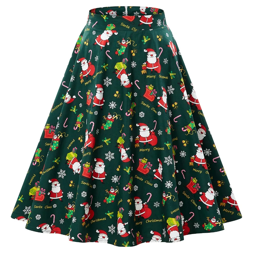 Красная Женская рождественская юбка с принтом Санты, зеленая яркая винтажная чайная юбка с высокой талией, модные вечерние юбки до колена с рисунком из мультфильма - Цвет: 1