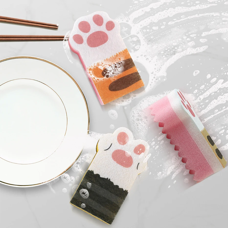 3PCS Kitchen Scrub Sponge Cute Cat Paw Shape Non-Scratch Dishwashing Heavy Duty Pad for Cleaning Dish Scrubber | Дом и сад