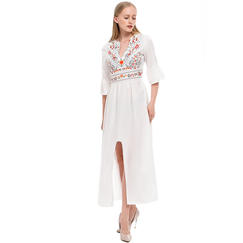 Инди Фолк Белый Vestidos офисный принт винтажные осенние платья женское платье длинное Цветочное платье с коротким рукавом женское