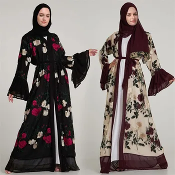 

Muslim Women Flower Embroidery Open Long Cardigan Maxi Dress Kimono Abaya Kaftan