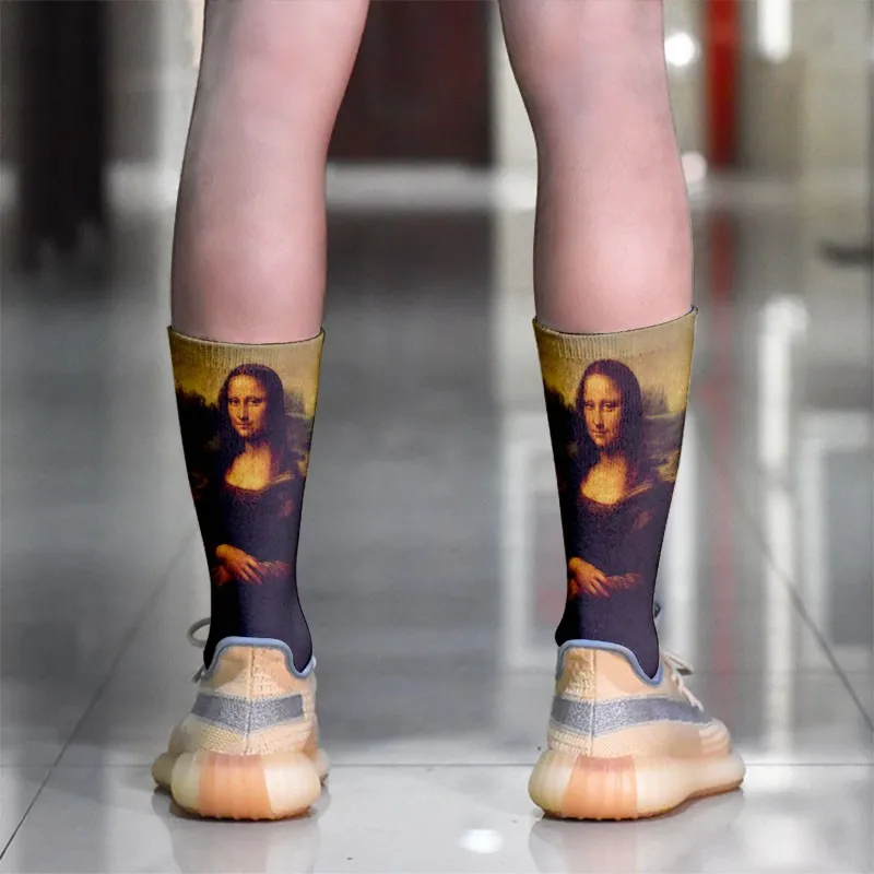 Mona Lisa Retro Printed Art Socks For Unisex Fashion Funny Famous Painting Long Socks Van Gogh Starry Night Women Cotton Socks