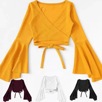 

White top Yellow Crop Top 2020 T Shirt tank women tshirt femme Bandage Long Sleeve Sexy Casual Camiseta Mujer Tee black crop top