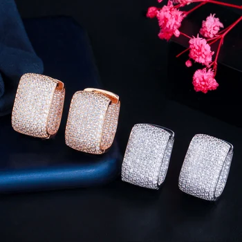 CWWZircons Double Sided Micro Paved Cubic Zirconia White Gold Color CZ Stone Rectangle Hoop Earrings for Ladies Jewelry CZ910