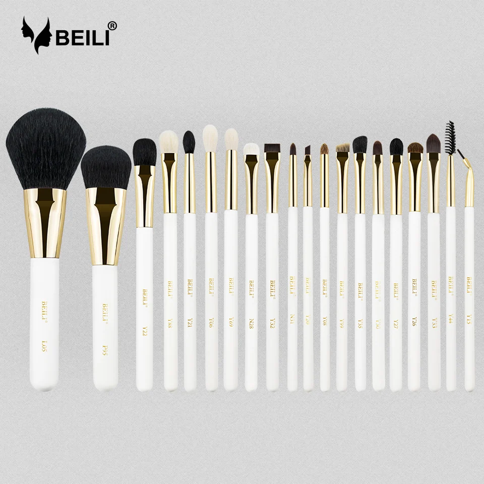 

BEILI 20 pieces XGF Goat hair Makeup brush set Large powder Blending Eye pencil Smokey shade Pearl White Gold brush 2019 New