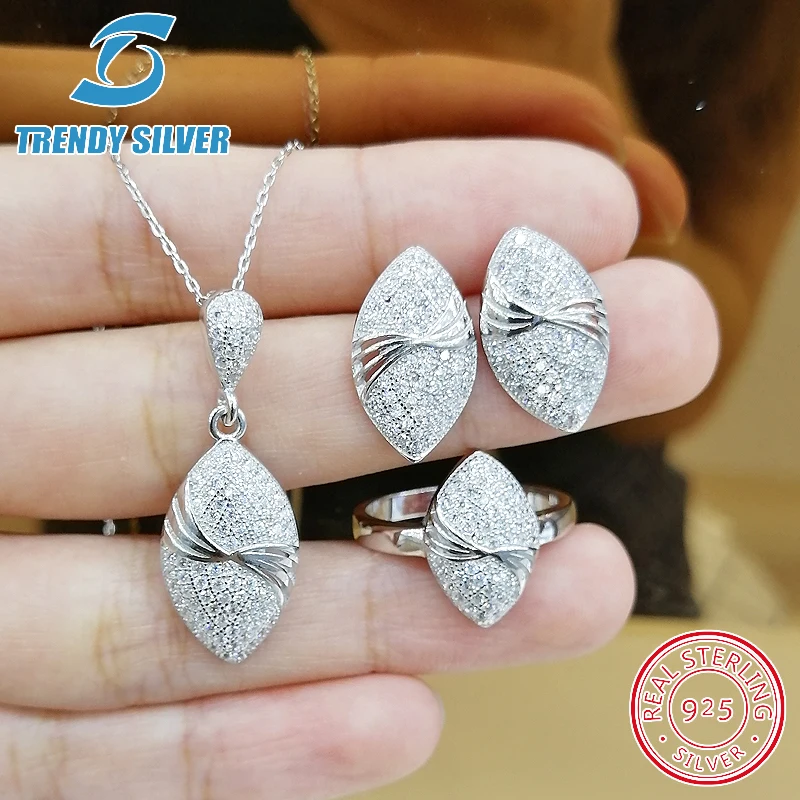 

complete pure 925 sterling silver zirconia clear CZ luxury jewelry set ring earrings for woman pendant necklace trendy design