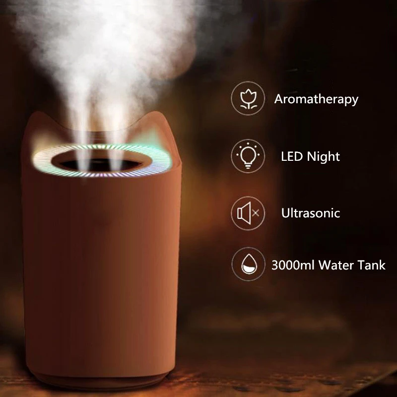 3000ml Dual Mist Air Humidifier For Home Ultrasonic USB Mist Maker with Colorful Night Lamps Mini Office Desktop Air Purifier