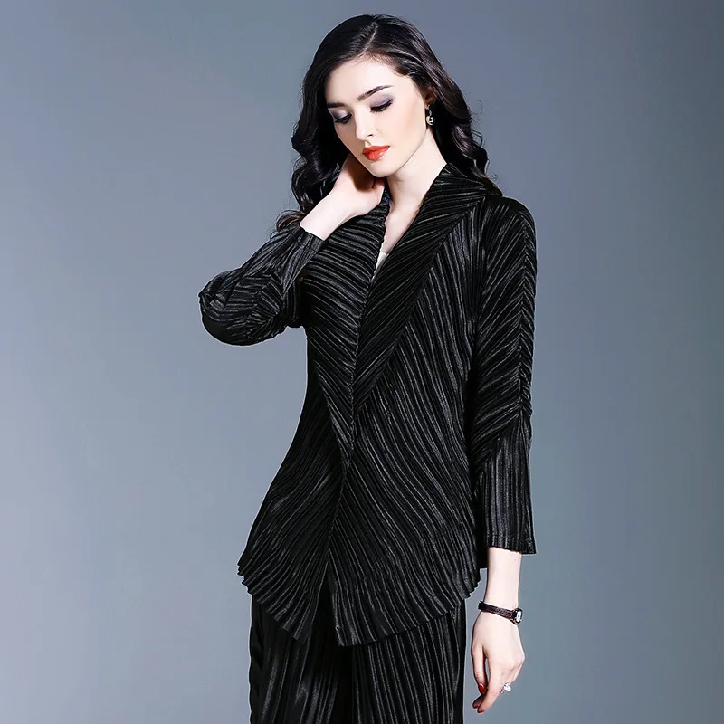 black Модная новинка, модный плиссированный кардиган с лацканами, куртка для женщин, высокое качество, рукав три четверти, пальто, Vestido YF559 - Цвет: black