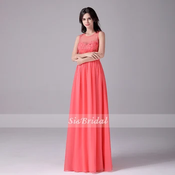 

A-Line Scoop Neck Floor Length Satin Chiffon Bridesmaid Dress With Beading
