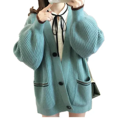Теплый кардиган-пальто женский однотонный однобортный v-образный вырез Повседневный женский свитер 12489