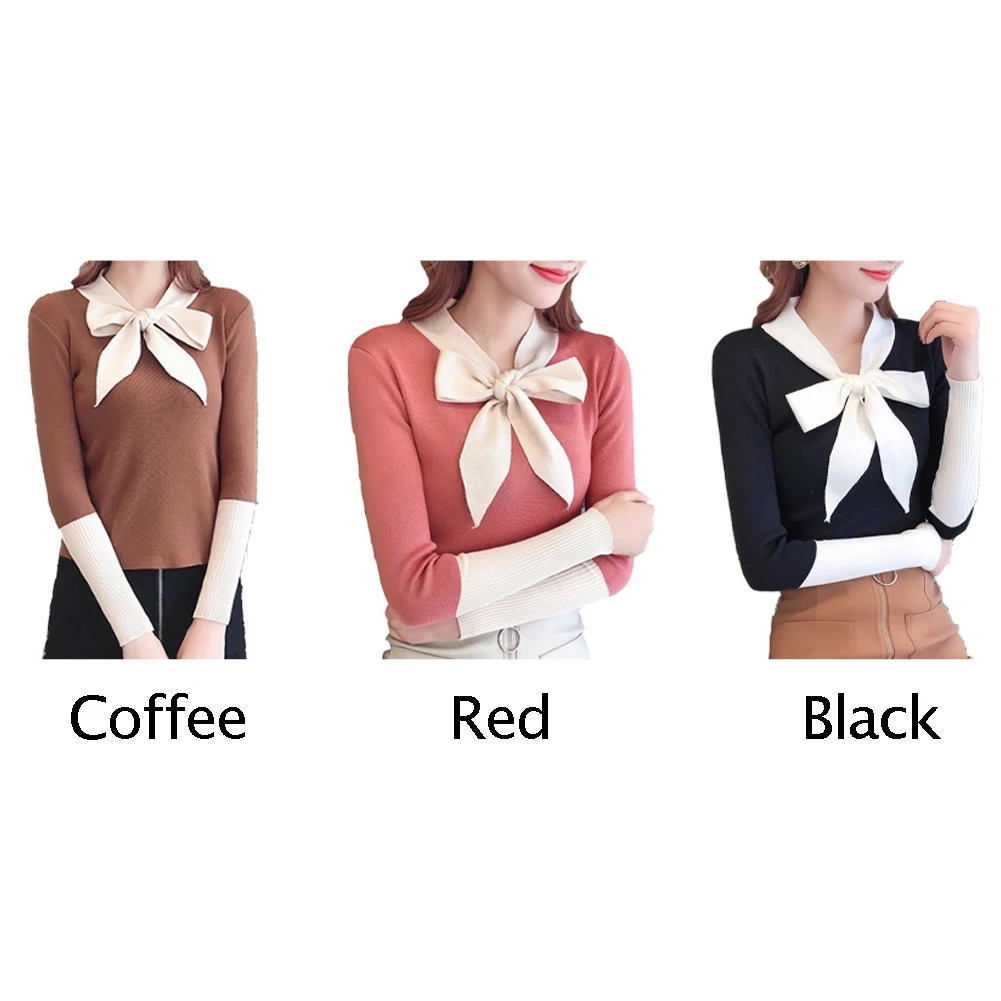 Bow Tie Neck Sweater Women Fashion Autumn Spring Black Tops Women Knitted Pullovers Long Sleeve Jumper Pull Femme Clothing