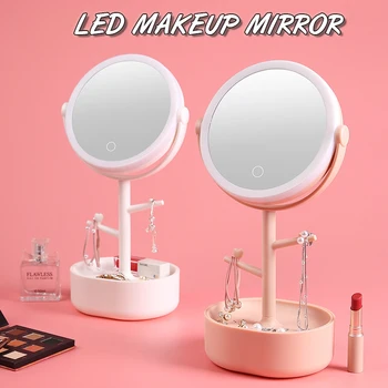 

Desk LED Lighted Touch Screen Mini Makeup Mirror Multi-function Storage Makeup Box Cosmetics Rack 360° Table Lamp Adjustable