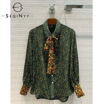 

SEQINYY 100% Silk Shirt 2020 Summer Spring New High Quality Women Runway Small Floal Green Orange Blouse