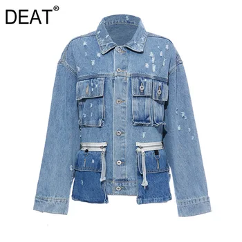 

DEAT 2020 New Winter Clothes Turn-down Collar Full Sleeves Denim Blue Broken Vintage Zippers Single Breasted Blazer 19E-a112