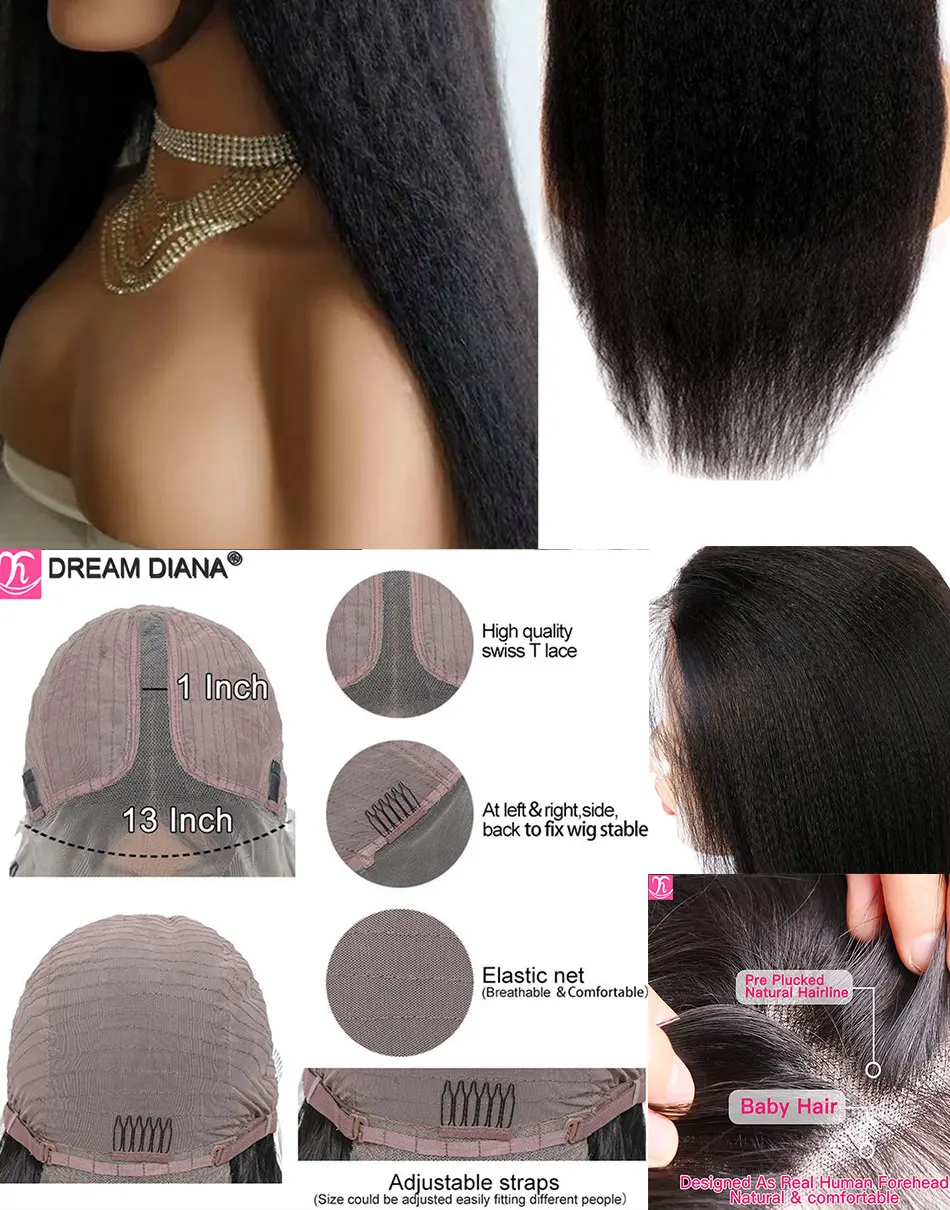 Parte do Laço Peruca de Cabelo Reta do Laço Dreamdiana Ombre Peruca Brasileira Remy Kinky Reta Yaki t Humano 4x4 Fechamento 5 Apliques e perucas