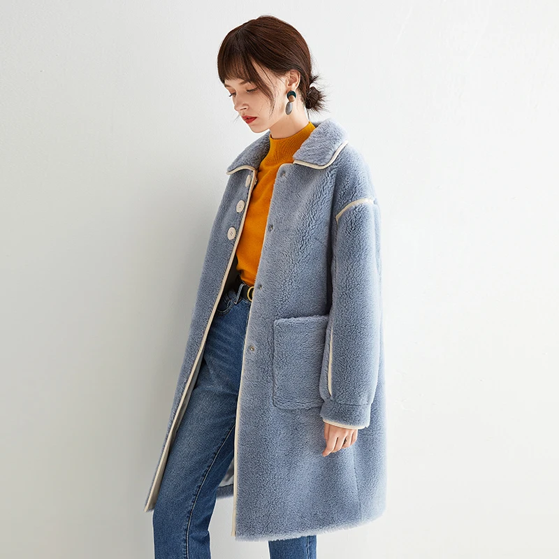 Blue Пальто из натурального меха женская одежда овечья шерсть куртка Kawaii осень зима пальто женские корейские Топы V19F75416 YY1685 - Цвет: Blue