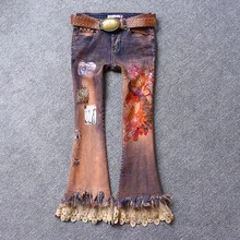 Женские джинсы, женские расклешенные узкие джинсы брюки, Новые лоскутные джинсы