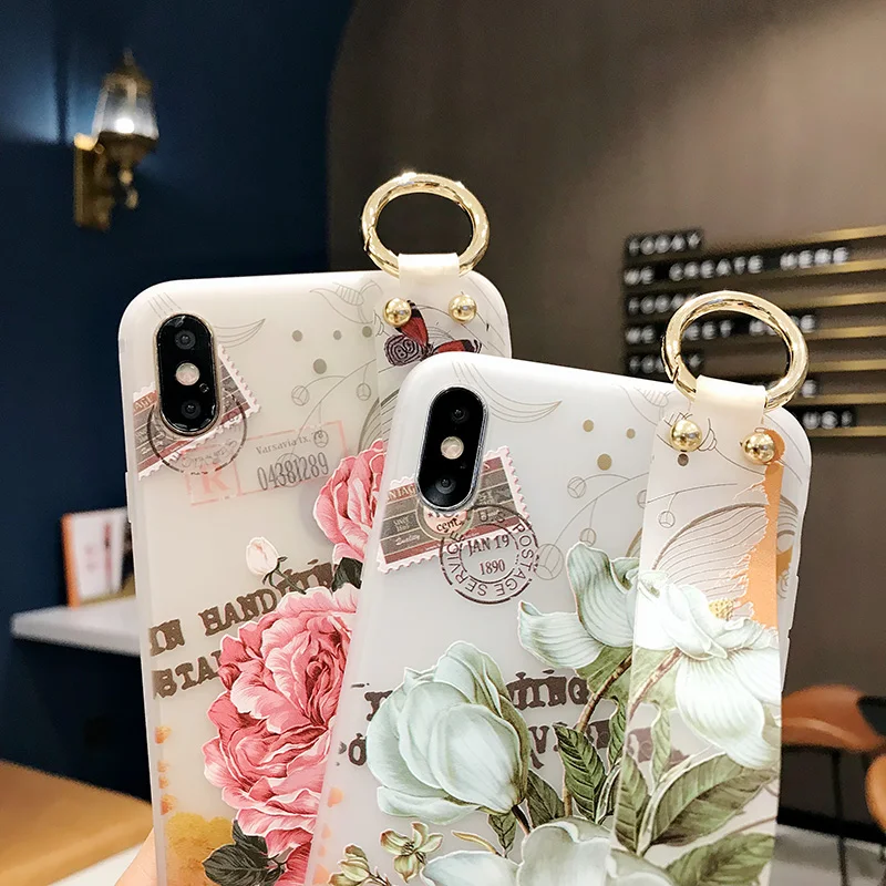 SoCouple Stand Holder Case For iphone X Xs max XR Case For iphone 6 6s 7 8 plus Flower Soft TPU Wrist Strap Phone Case Cover (6)