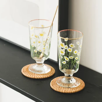 

Coffee Flower Glass Cup Korean Milk Creative Cute Art Tea Ice Cream Glass Cup Dessert Glazen Vasos De Cristal Kitchen DE50BL