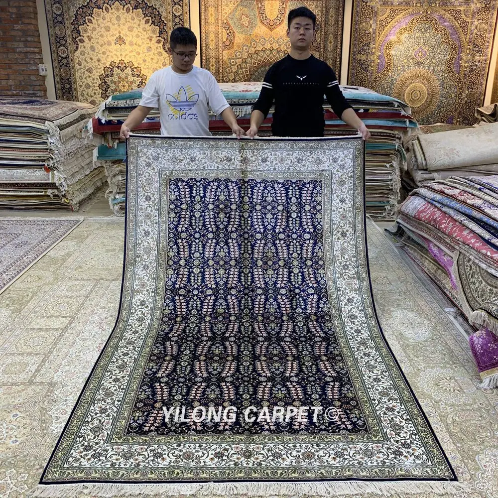 YILONG 5'x8' персидский шелковый ковер ручной работы Синий ручной работы изысканный цветочный ковер(HF325B