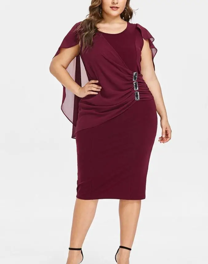 

Europe And America New Style Crew Neck Short Sleeve Chiffon Shawl Tight Midi-skirt Non-symmetrical over-the-Knee Large Size Dres