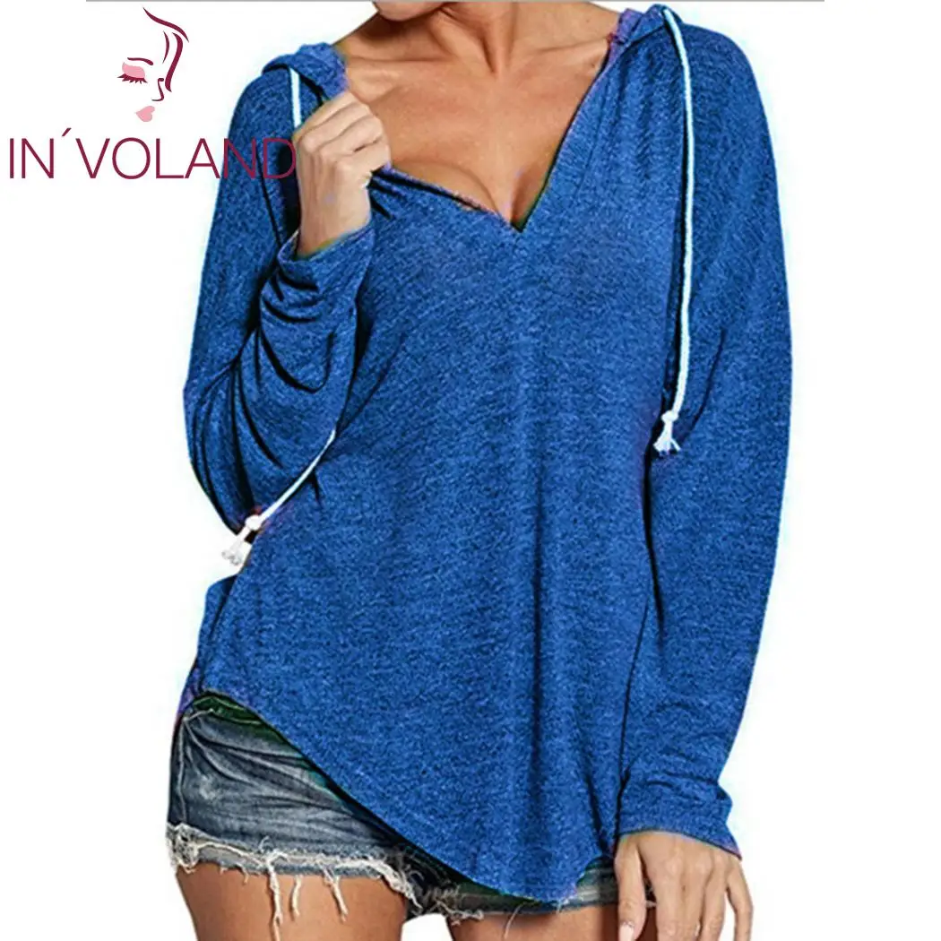 

Women Long Sleeve Deep V Neck Drawstring Casual Slim Solid Fashion Sweatshirt Hoodies Autumn Tops T-shirt