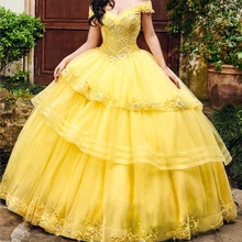 Желтый Тюль с открытыми плечами Бальные платья Кристаллы Цветы Бисероплетение многослойное бальное платье Бальные платья бальное платье