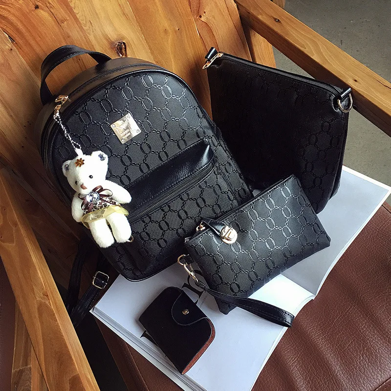 

2019 New Style Embossed WOMEN'S Bag Bear Pendant Purse Four-piece Set Bag Multi-functional Schoolbag Backpack